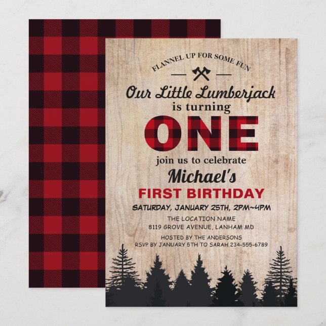 Invitación Pequeño Fiesta de Cumpleaños Lumberjack (Anverso / Reverso)