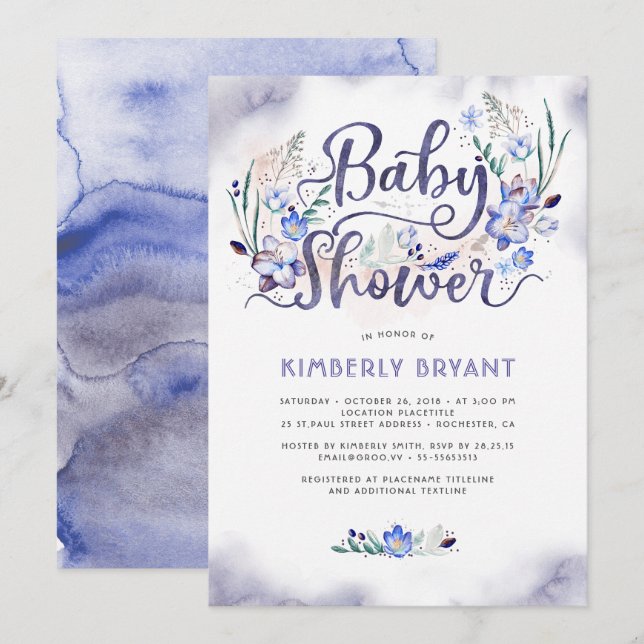 Invitación Pequeño floral azul - Boy Baby Shower (Anverso / Reverso)