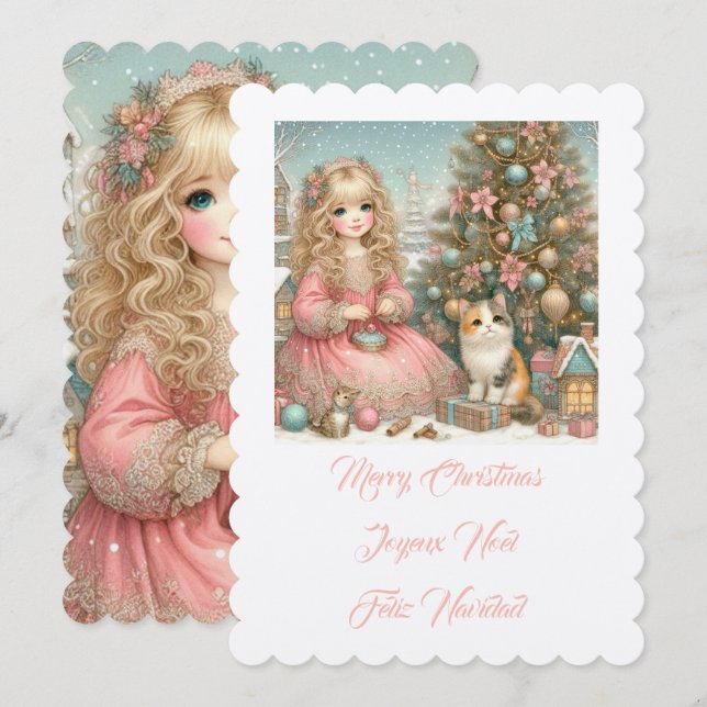 Invitación Pequeño gato y chica, Feliz Navidad (Anverso / Reverso)