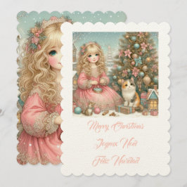 Invitación Pequeño gato y chica, Feliz Navidad