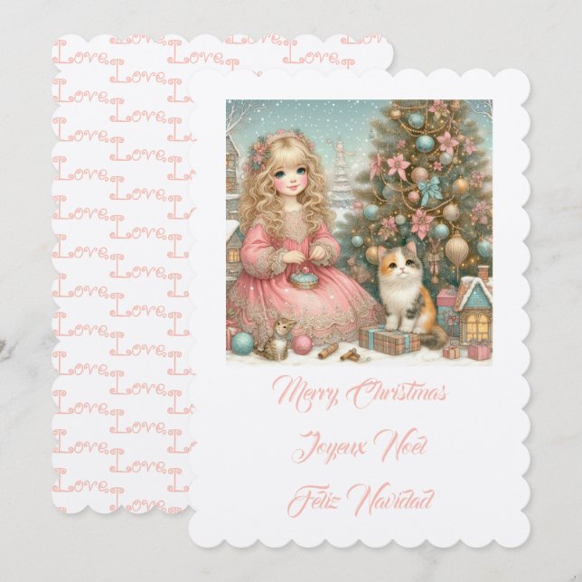 Invitación Pequeño gato y chica, Feliz Navidad (Anverso / Reverso)