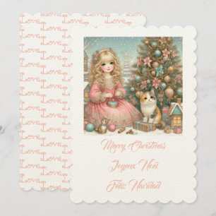Invitación Pequeño gato y chica, Feliz Navidad