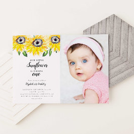 Invitación Pequeño Girasol Primer cumpleaños Una foto elegant