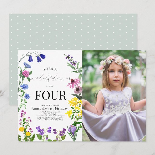 Invitación Pequeño guión de flor silvestre foto de cumpleaños (Anverso / Reverso)