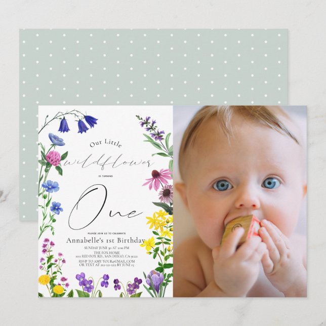 Invitación Pequeño guión de flor silvestre foto de primer cum (Anverso / Reverso)