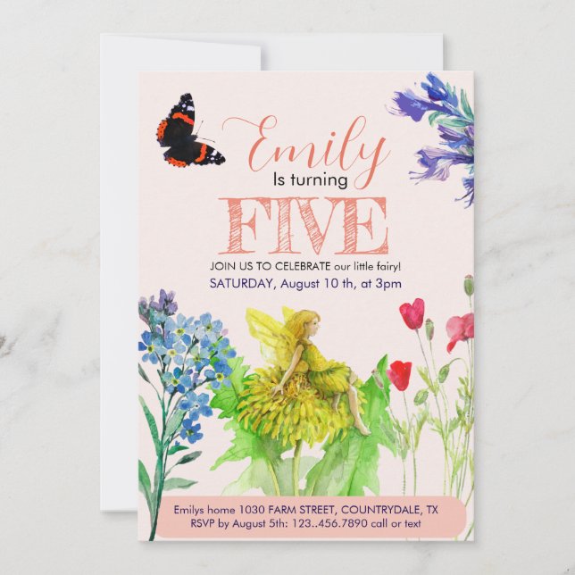 Invitación Pequeño hada y flores silvestres (Anverso)