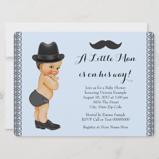 Invitación Pequeño hombre bigote azul y negro Baby Shower (Anverso)
