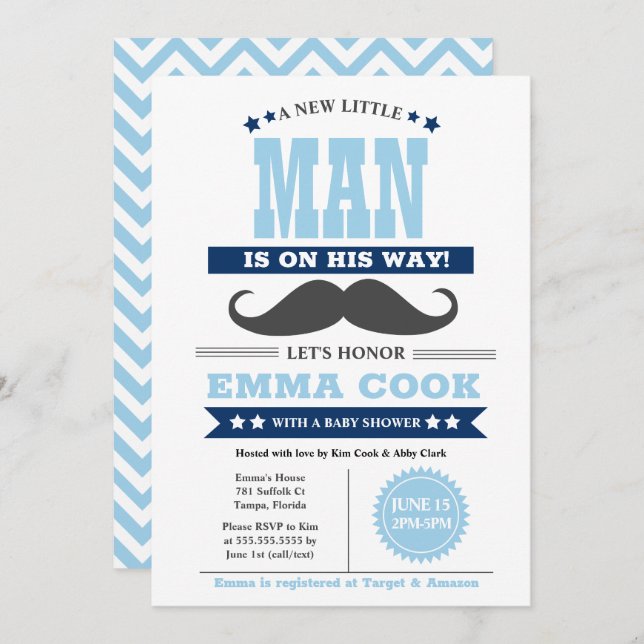 Invitación Pequeño hombre bigote Bash Boy Baby Shower (Anverso / Reverso)