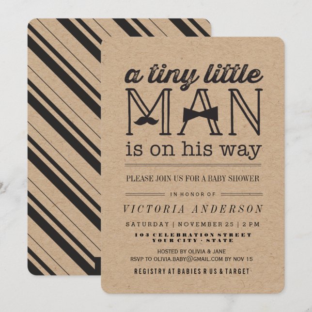 Invitación Pequeño hombre bigote Bow Tie Kraft Boy Baby Showe (Anverso / Reverso)