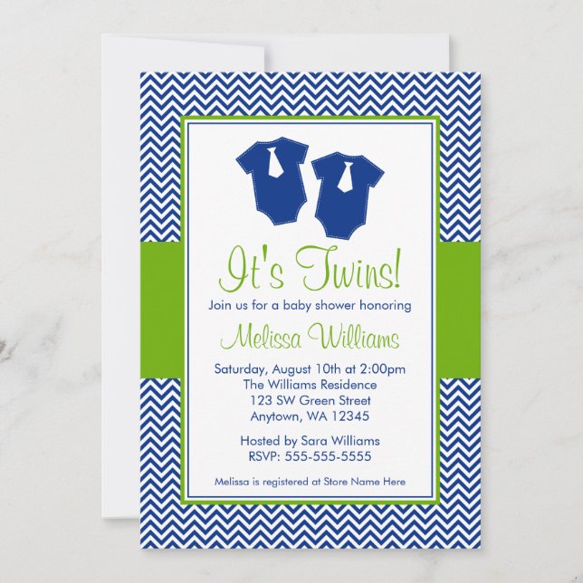 Invitación Pequeño hombre Chevron Azul gemelos verdes Baby Sh (Anverso)