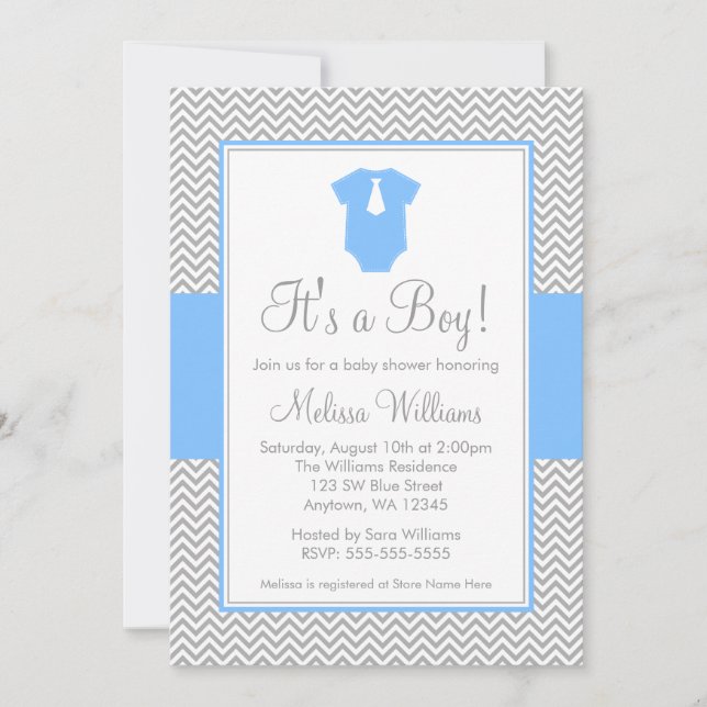 Invitación Pequeño hombre Chevron Azul gris Baby Shower (Anverso)