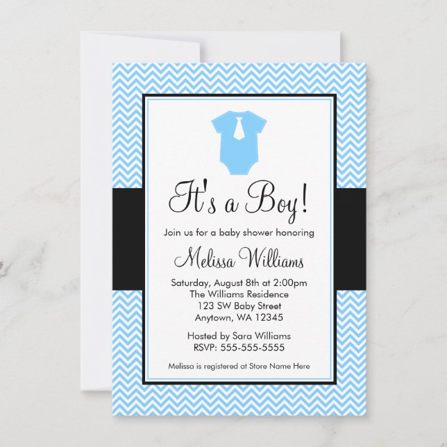 Invitación Pequeño hombre Chevron Azul negro Baby Shower (Anverso)