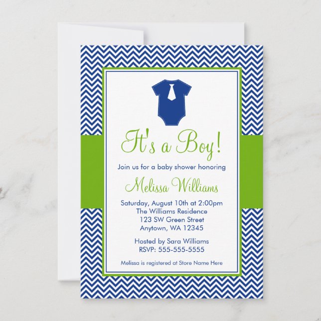 Invitación Pequeño hombre Chevron Blue Green Baby Shower (Anverso)