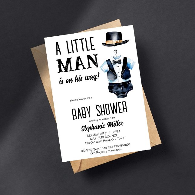 Invitación Pequeño hombre con ducha de pelo negro esmoquin y  (Little man baby shower template invitation digital download black baby tuxedo bodysuit a black hat)