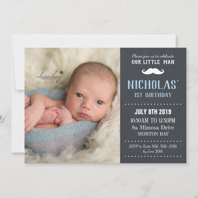 Invitación Pequeño hombre mostache primer niño cumpleaños (Anverso)