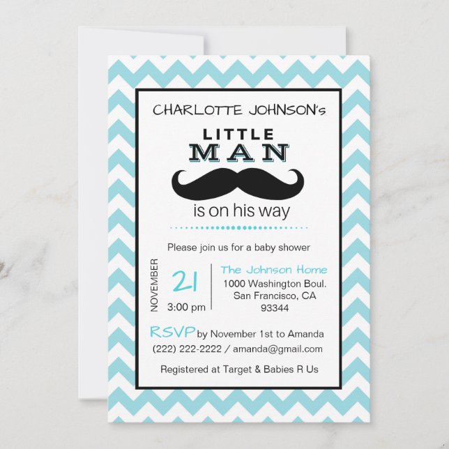 Invitación Pequeño Hombre Mustache Boy Baby Shower Azul (Anverso)