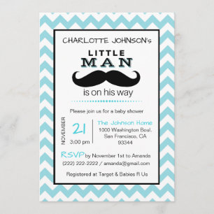 Invitación Pequeño Hombre Mustache Boy Baby Shower Azul