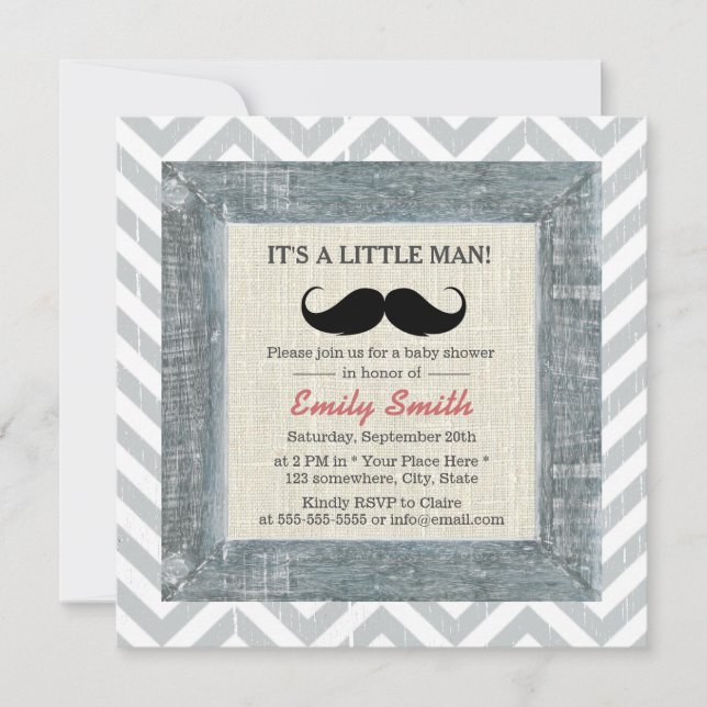 Invitación Pequeño Hombre Mustache Chevron Strips Baby Shower (Anverso)