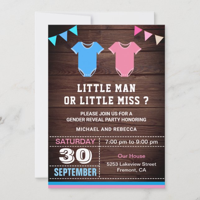 Invitación Pequeño hombre o pequeña señorita de género revela (Anverso)