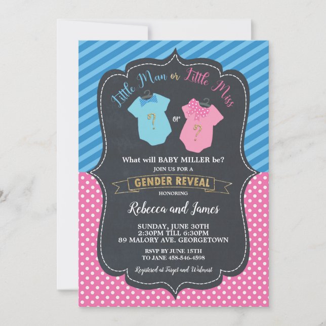 Invitación Pequeño hombre o pequeña Srta. Baby Gender Reveal (Anverso)