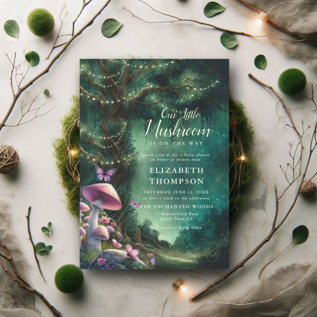Invitación Pequeño hongo encantado Woodland Baby Shower (enchanted forest baby shower fairy tale faerie mushrooms butterflies green purple lavender woodland)