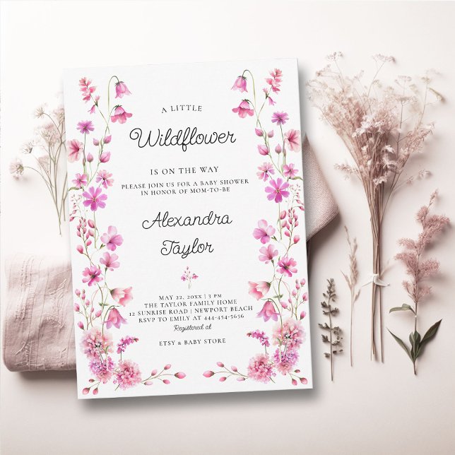 Invitación Pequeño Jardín de flores silvestres Hot Pink Baby  (little wildflower baby girl shower invitation cottage garden watercolor pink fuchsia tiny flowers)