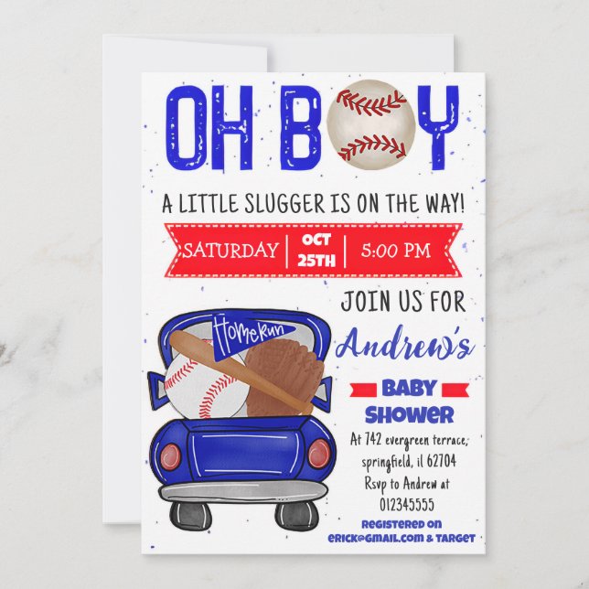 Invitación Pequeño lastre de Baby Shower en el béisbol person (Anverso)