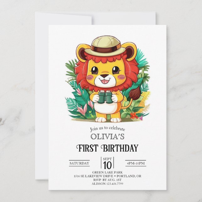 Invitación Pequeño León colorido 1er cumpleaños digital (Anverso)