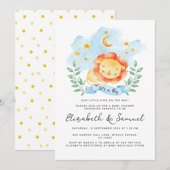 Invitación Pequeño león es un niño acuarela azul Baby Shower (Anverso / Reverso)
