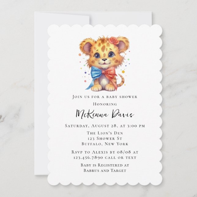 Invitación Pequeño león lindo con el Baby Shower de Bow Tie B (Anverso)
