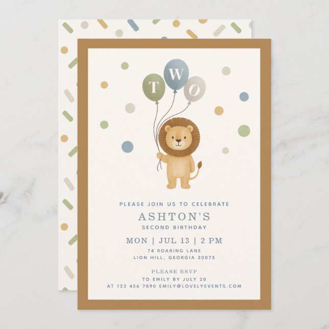 Invitación Pequeño león y confetti, marco marrón niño cumplea (Anverso / Reverso)