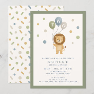 Invitación Pequeño león y confetti, marco verde niño cumpleañ