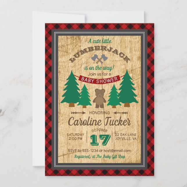 Invitación Pequeño Lumberjack Buffalo revestido Baby Shower (Anverso)