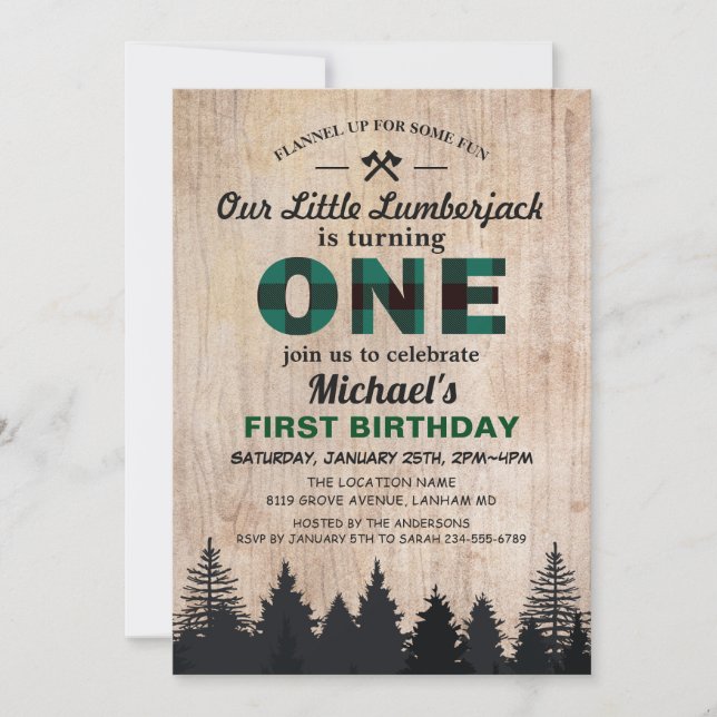 Invitación Pequeño Lumberjack Primer cumpleaños Fiesta Green  (Anverso)