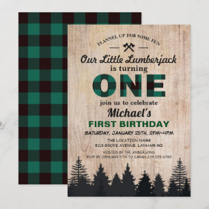 Invitación Pequeño Lumberjack Primer cumpleaños Fiesta Green 