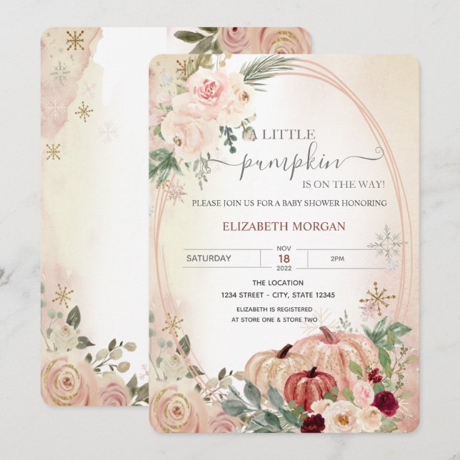 Invitación Pequeño marco de calabaza Boho Flores Baby Shower (Anverso / Reverso)