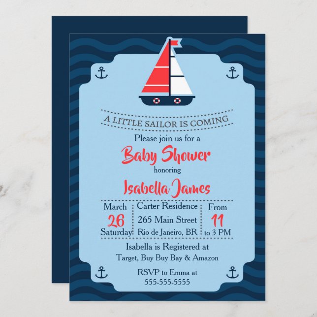 Invitación Pequeño marinero invitado Baby Shower (Anverso / Reverso)