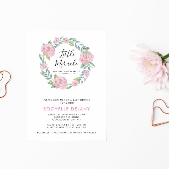 Invitación Pequeño milagro de Rosa y hojas Baby Shower (Subido por el creador)