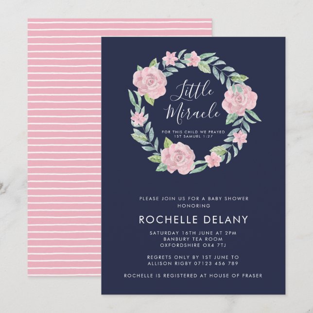 Invitación Pequeño milagro de Rosa y hojas Baby Shower (Anverso / Reverso)