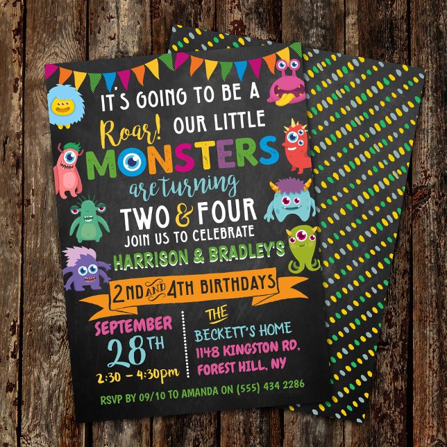 Invitación Pequeño Monster Chalkboard 2º y 4º Cumpleaños Conj (Subido por el creador)