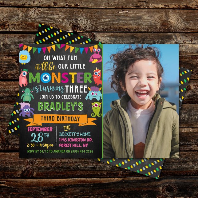 Invitación Pequeño Monstruo Chalkboard Foto de cumpleaños 3 (Subido por el creador)