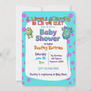 Invitación Pequeño Monstruo en Camino, Baby Shower Azul Púrpu