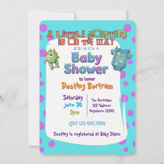 Invitación Pequeño Monstruo en Camino, Baby Shower Azul Púrpu