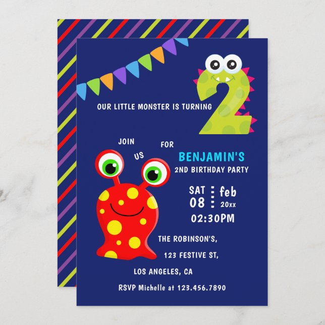 Invitación Pequeño Monstruo Fiesta del segundo cumpleaños (Anverso / Reverso)