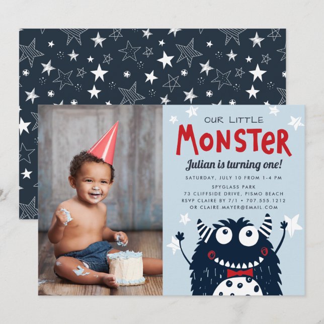 Invitación Pequeño Monstruo Niños Fiesta de cumpleaños foto (Anverso / Reverso)