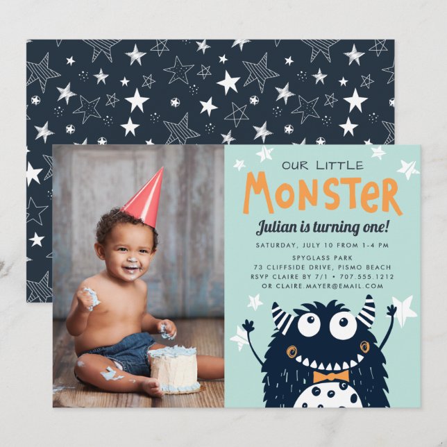 Invitación Pequeño Monstruo Niños Fiesta de cumpleaños foto (Anverso / Reverso)