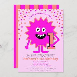 Invitación Pequeño Monstruo Rosa Caliente Primer Cumpleaños V