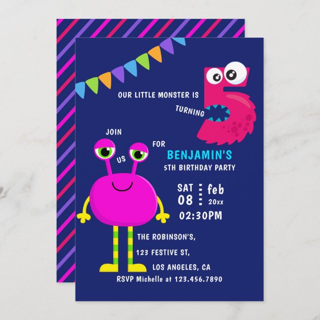 Invitación Pequeño Monstruo Rosado Fiesta de Cumpleaños 5 (Anverso / Reverso)