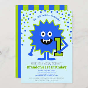 Invitación Pequeño Monstruo Virtual Blue Cute Primer Cumpleañ