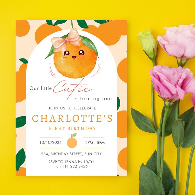 Invitación Pequeño Naranja Cutie Citrus Primer Cumpleaños (Little Cutie Orange Citrus 1st First Birthday Invitation)